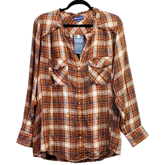 Democracy Size 1X- NWT Brown Plaid Button-Up Shirt - Picture 4 of 6